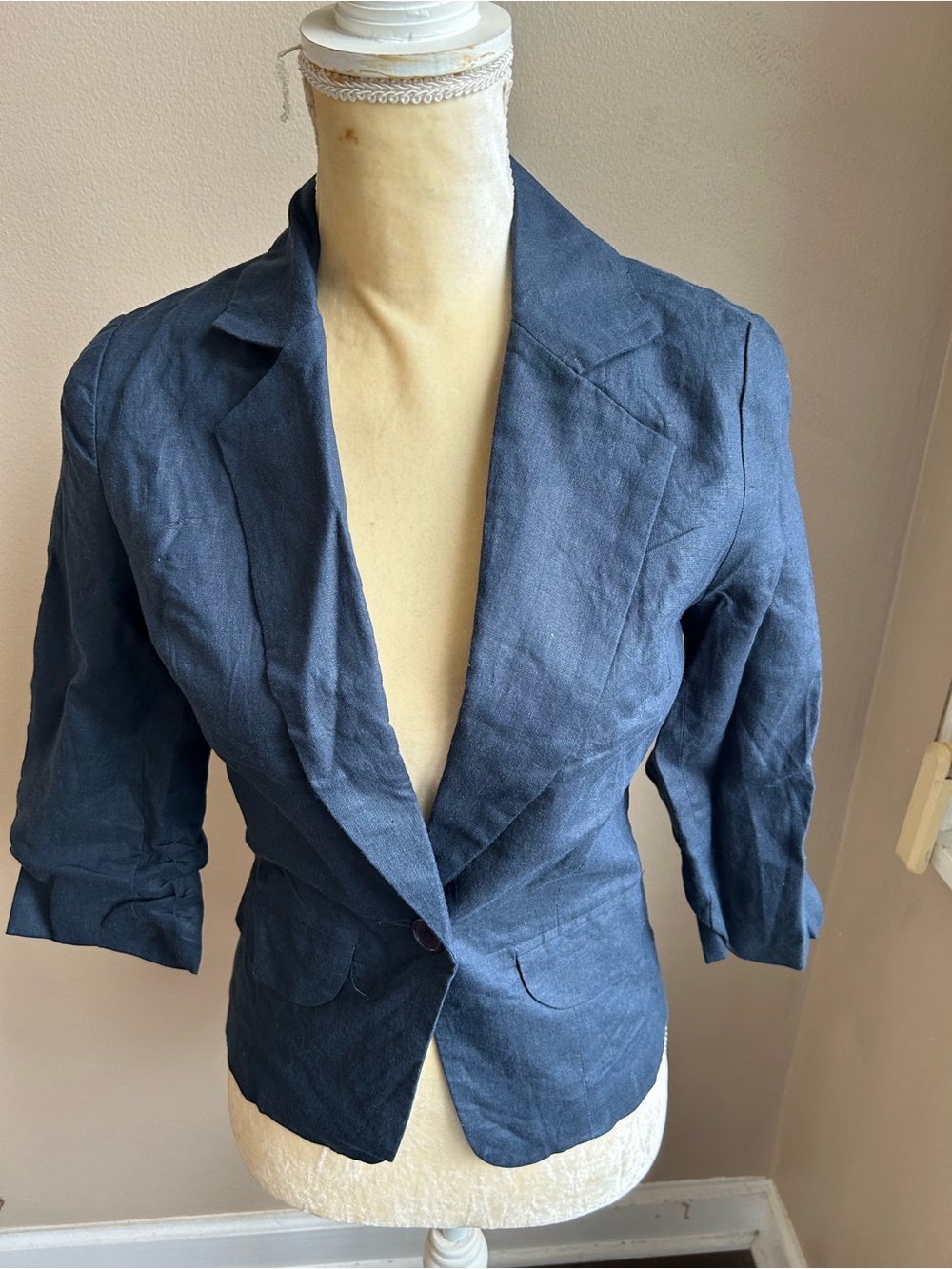 Nice & Cool Womens Linen Blazer Navy Blue Blkcase 3/4 Sleeve